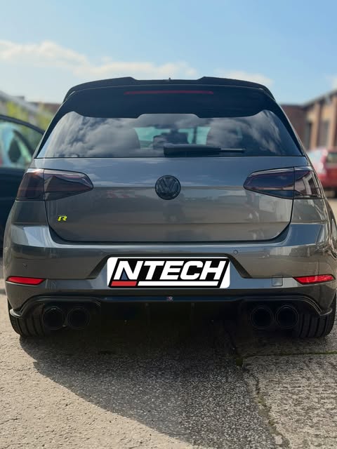 Rear view of a Mk7 Golf R fitted with NTECH plate branding