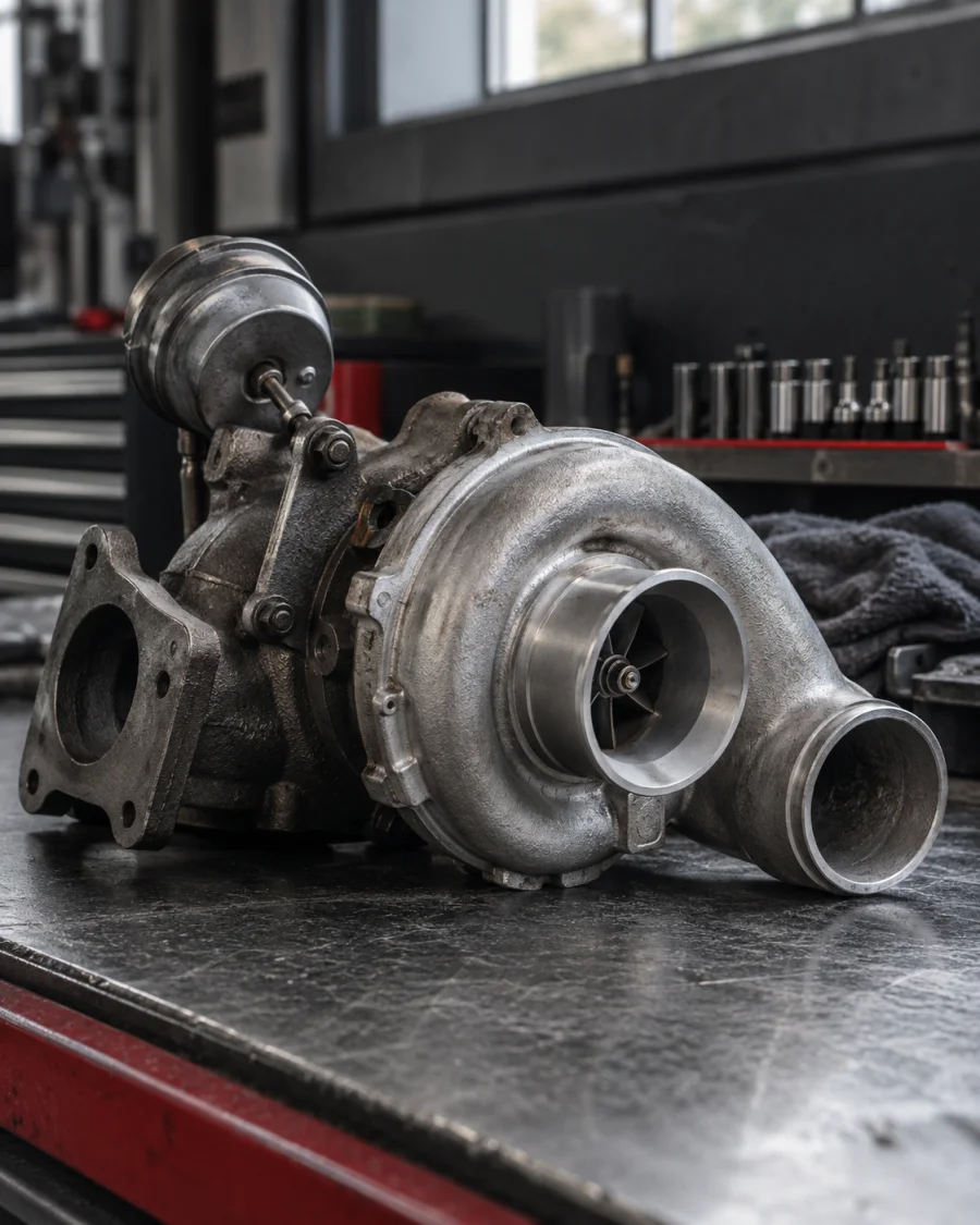 Turbocharger on a workbench — illustrative mechanical detail